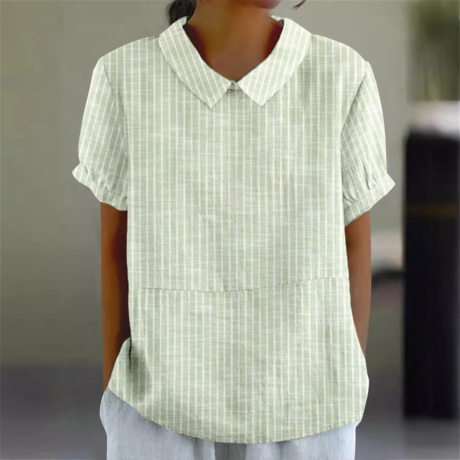 Womens Cotton Linen Short Sleeve T Shirts Casual Ruffled Trim Blouses Summer Cute Solid Tops Tunic Tee
