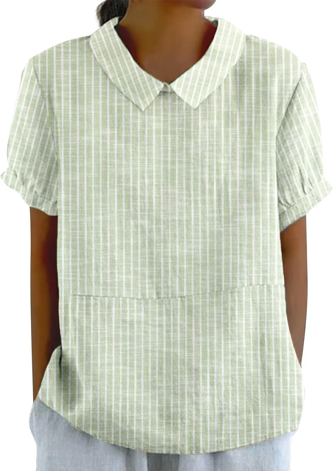 Womens Cotton Linen Short Sleeve T Shirts Casual Ruffled Trim Blouses Summer Cute Solid Tops Tunic Tee