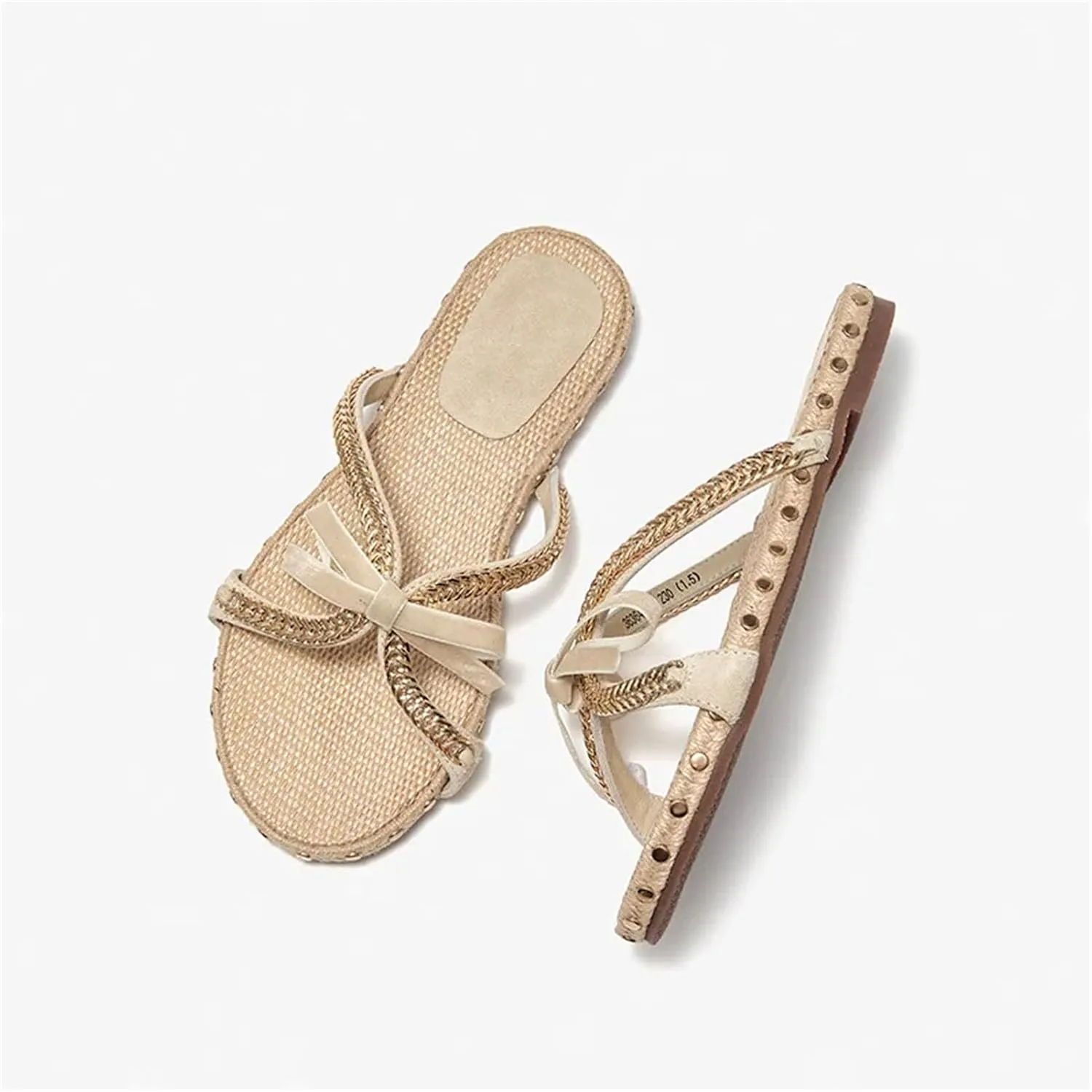 Women's Cow Suede Cross-Tied Slippers - Rivet Bowknot Mixed Color Summer Flats