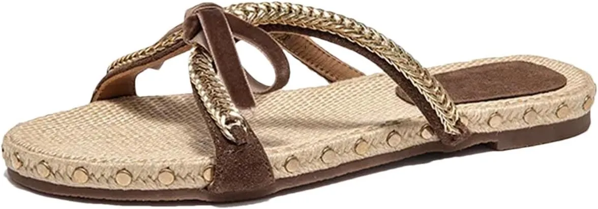 Women's Cow Suede Cross-Tied Slippers - Rivet Bowknot Mixed Color Summer Flats
