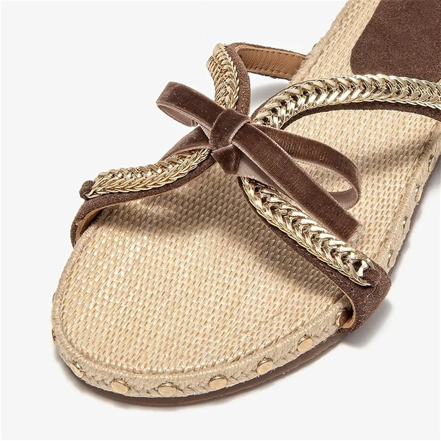 Women's Cow Suede Cross-Tied Slippers - Rivet Bowknot Mixed Color Summer Flats