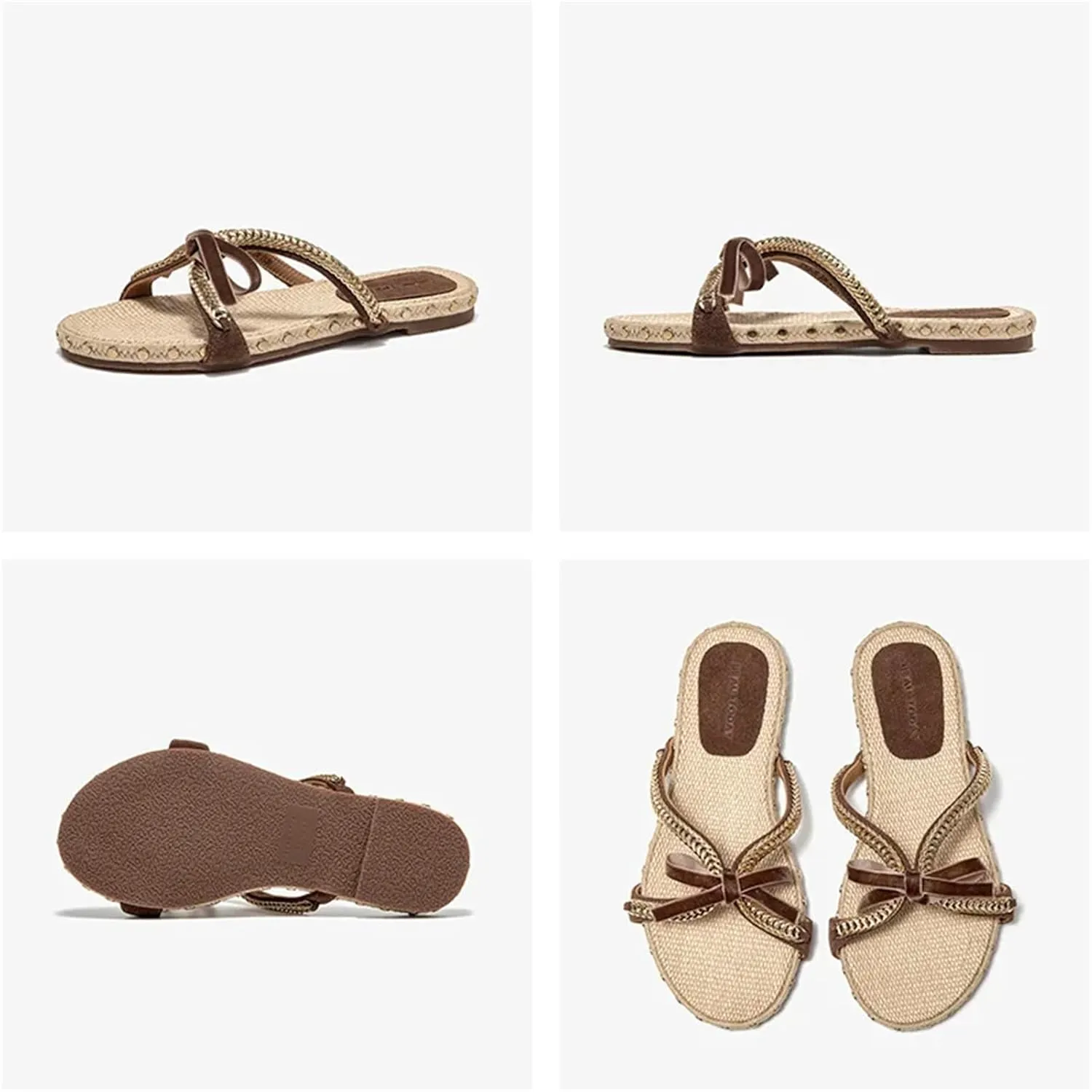 Women's Cow Suede Cross-Tied Slippers - Rivet Bowknot Mixed Color Summer Flats