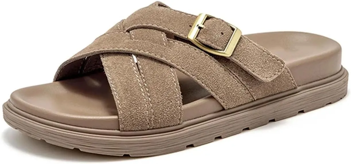 Women's Cow Suede Solid Color Slippers - Open Toe Summer Flats