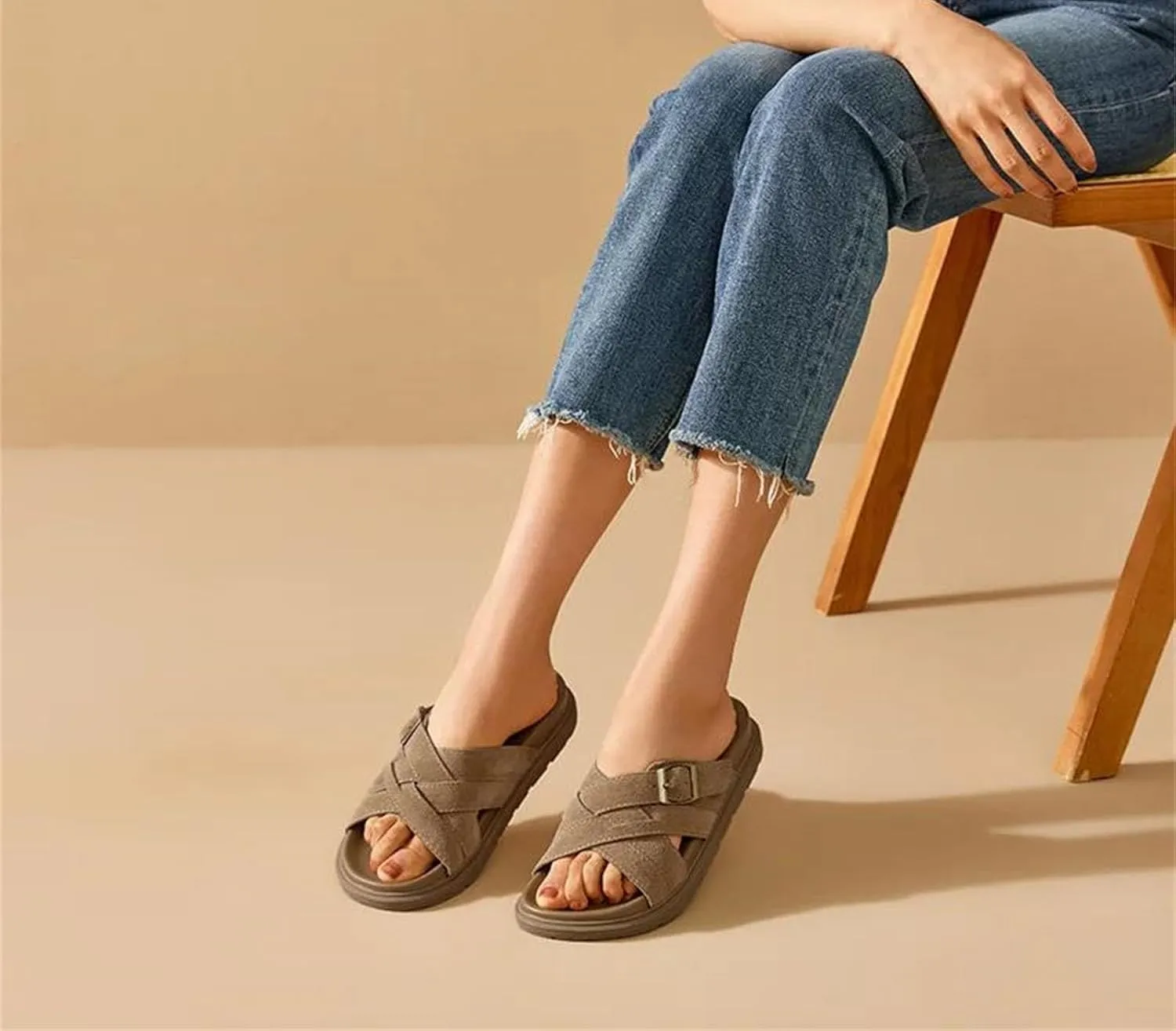 Women's Cow Suede Solid Color Slippers - Open Toe Summer Flats