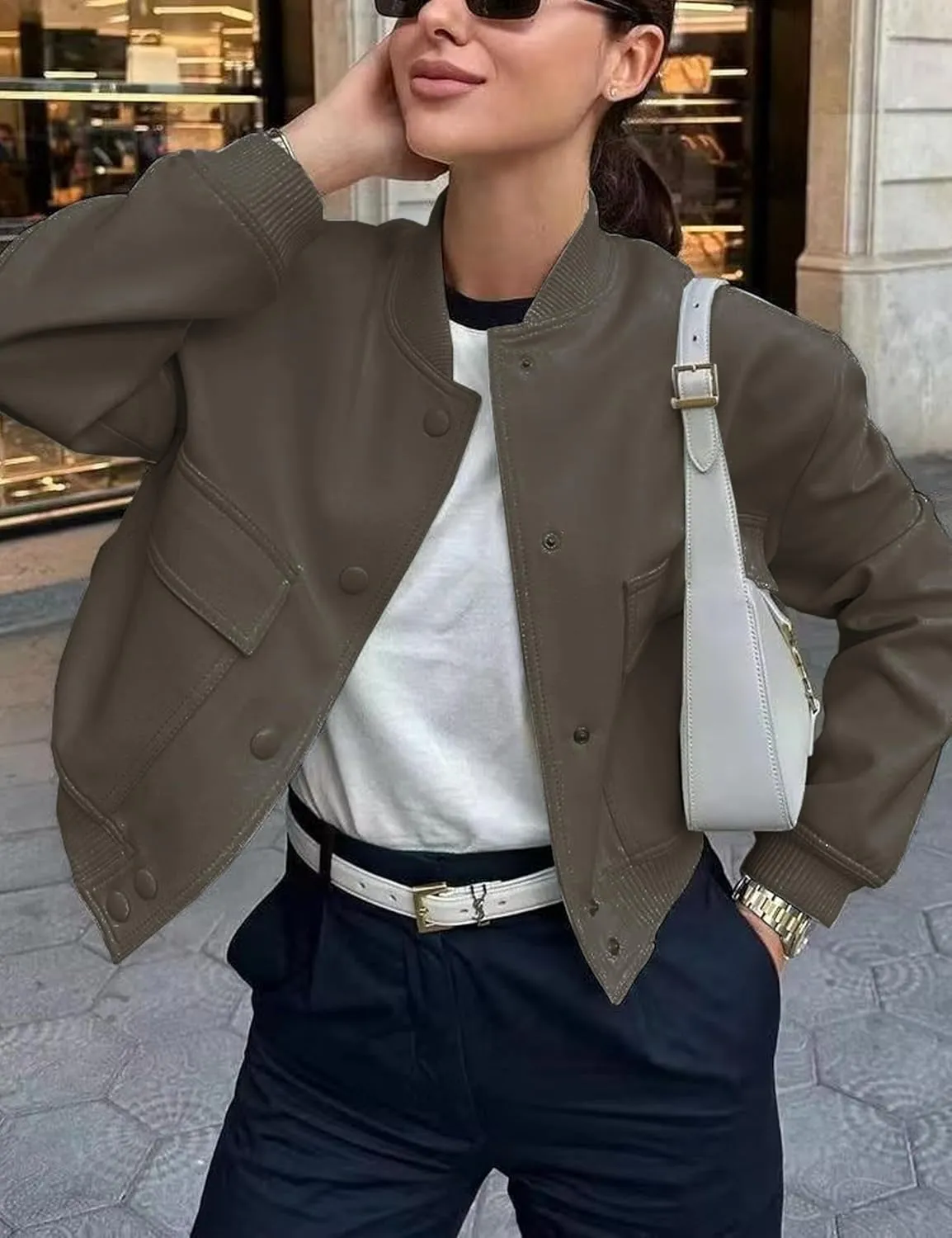 Womens Cropped Bomber Jacket Button Down Varsity Jackets Shackets with Pockets