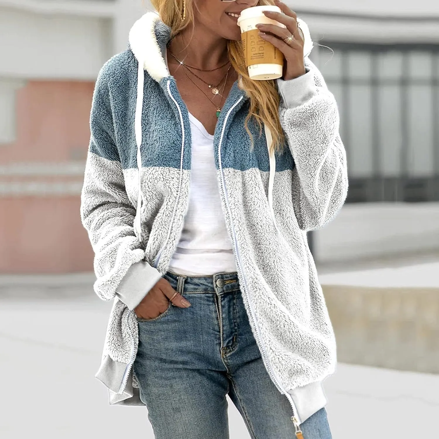 Womens Cute Bear Ear Sherpa Fleece Lined Hoodie Jackets Zip Up Sherpa Lined Warm Oversized Fluffy Coat Plush Flannel