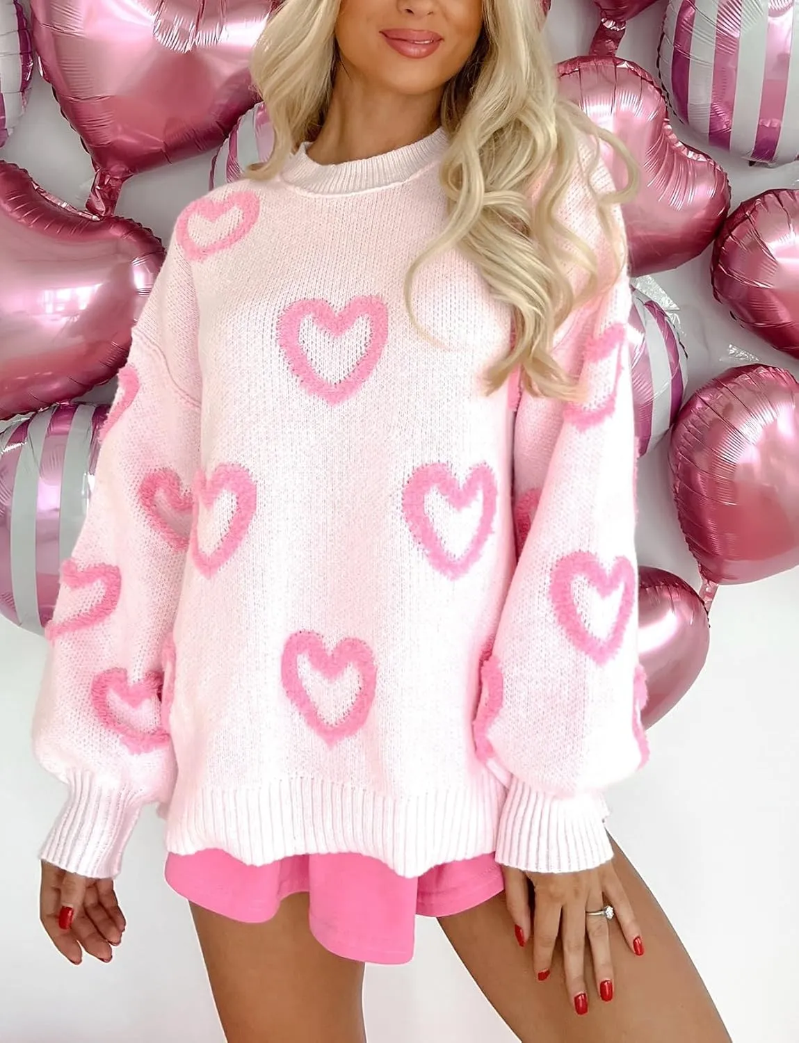Women's Cute Heart Sweater Love Print Valentine Romantic Knitted Top Casual Crewneck Long Sleeve Sweaters Pullover