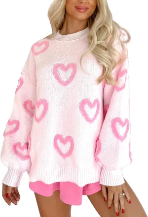 Women's Cute Heart Sweater Love Print Valentine Romantic Knitted Top Casual Crewneck Long Sleeve Sweaters Pullover
