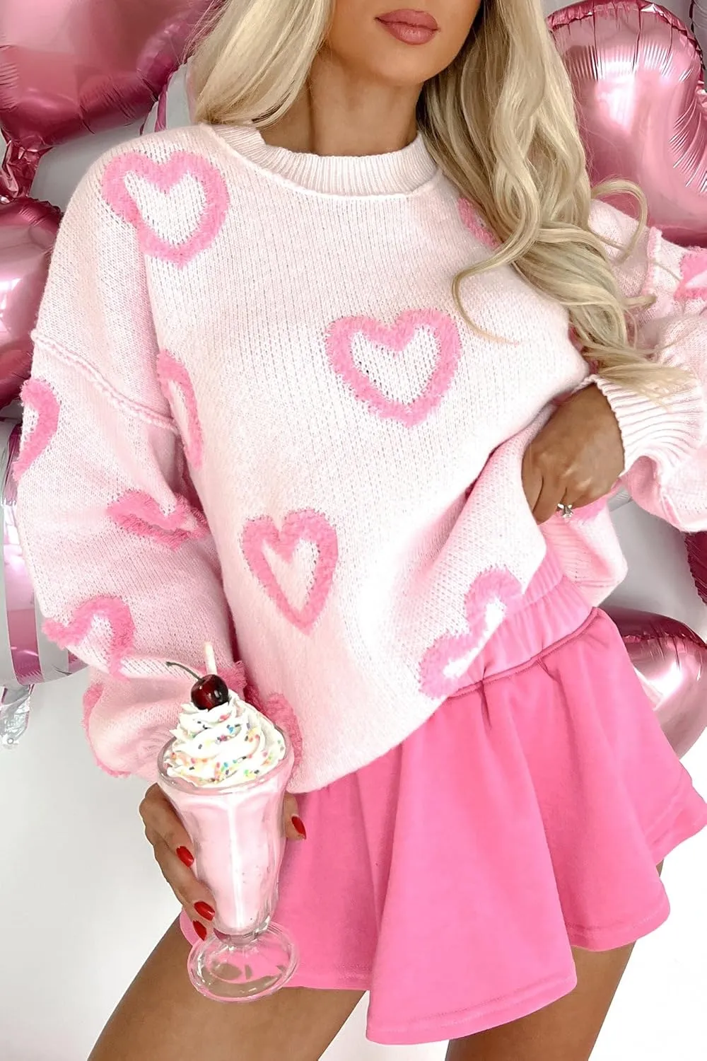 Women's Cute Heart Sweater Love Print Valentine Romantic Knitted Top Casual Crewneck Long Sleeve Sweaters Pullover