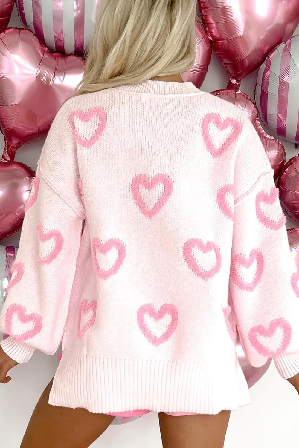Women's Cute Heart Sweater Love Print Valentine Romantic Knitted Top Casual Crewneck Long Sleeve Sweaters Pullover