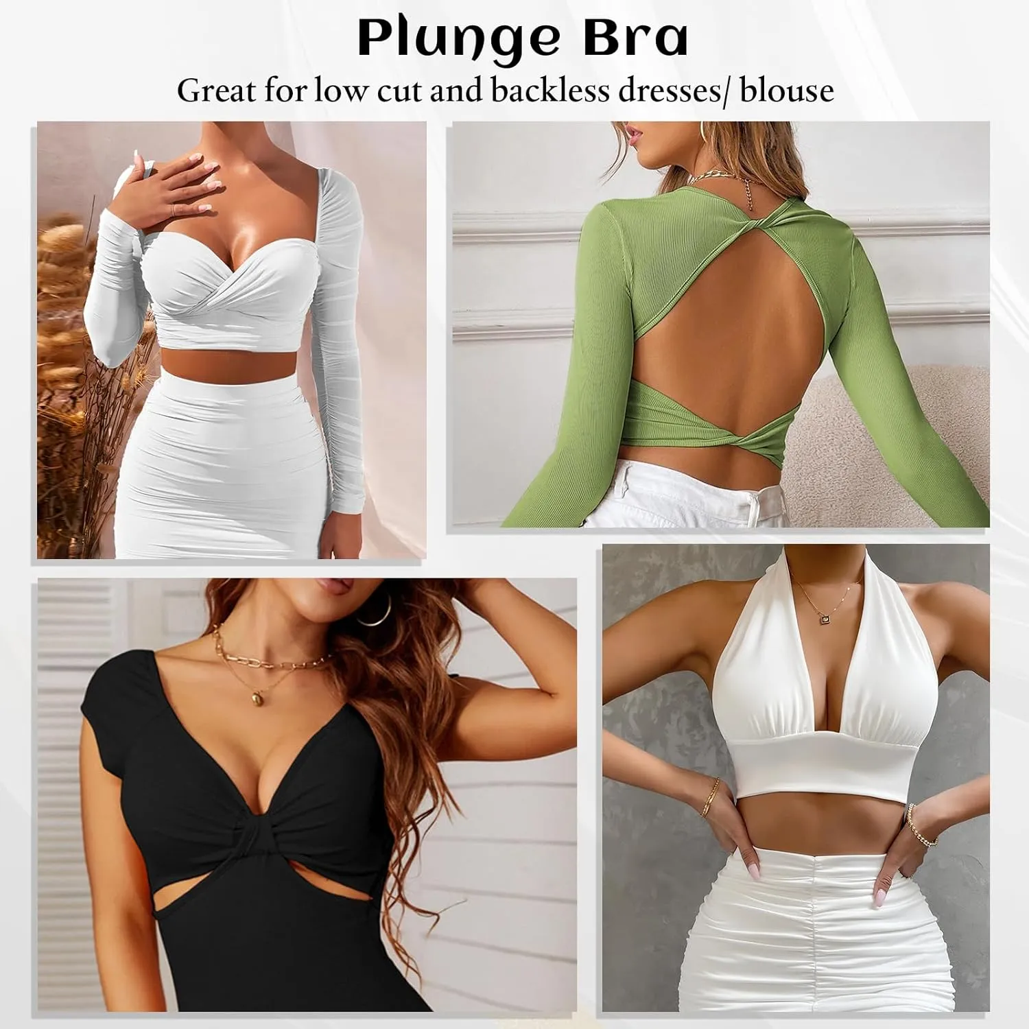 Women's Deep V Plunge Padded Push Up Bras with Clear Straps Backless Convertible Low Cut Underwire Bra