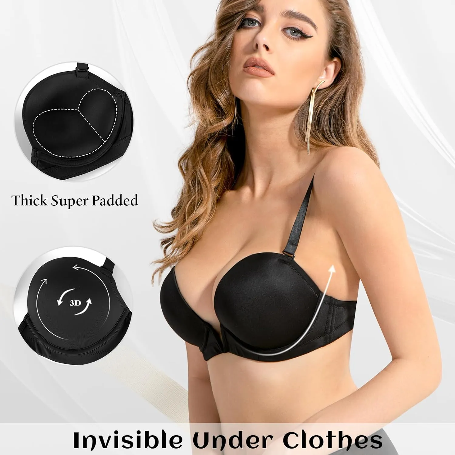 Women's Deep V Plunge Padded Push Up Bras with Clear Straps Backless Convertible Low Cut Underwire Bra