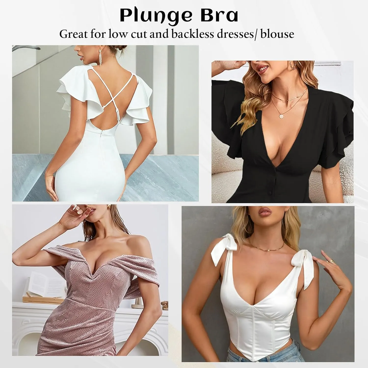 Women's Deep V Plunge Padded Push Up Bras with Clear Straps Backless Convertible Low Cut Underwire Bra