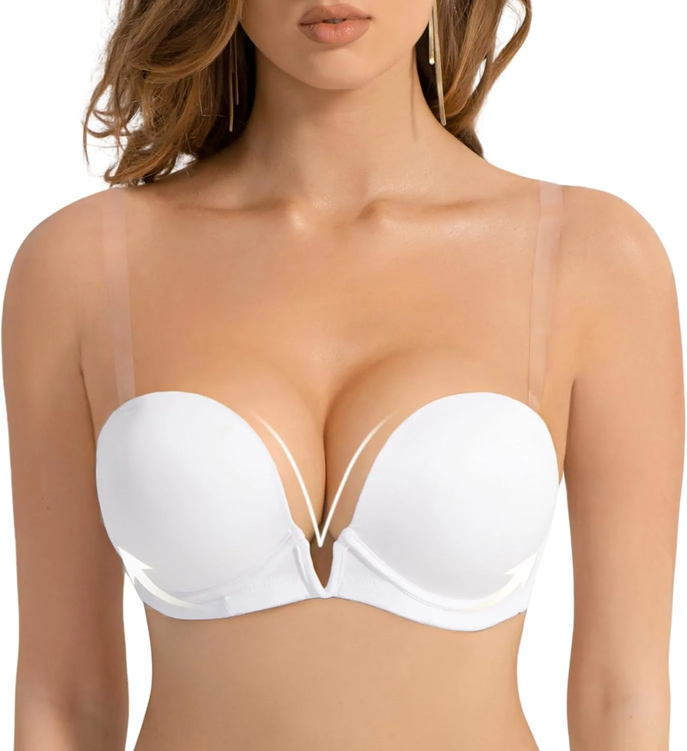 Women's Deep V Plunge Padded Push Up Bras with Clear Straps Backless Convertible Low Cut Underwire Bra