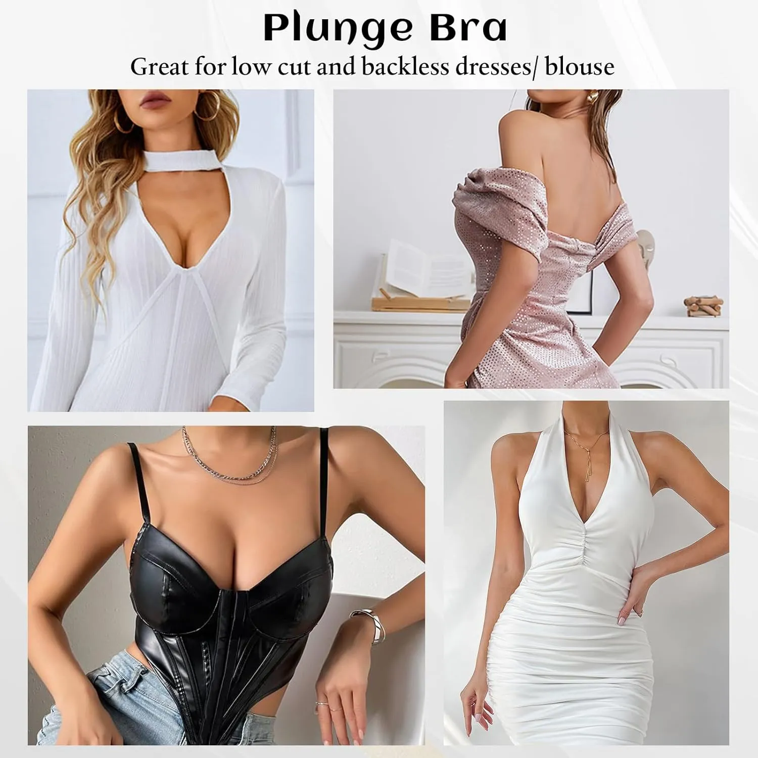 Women's Deep V Plunge Padded Push Up Bras with Clear Straps Backless Convertible Low Cut Underwire Bra