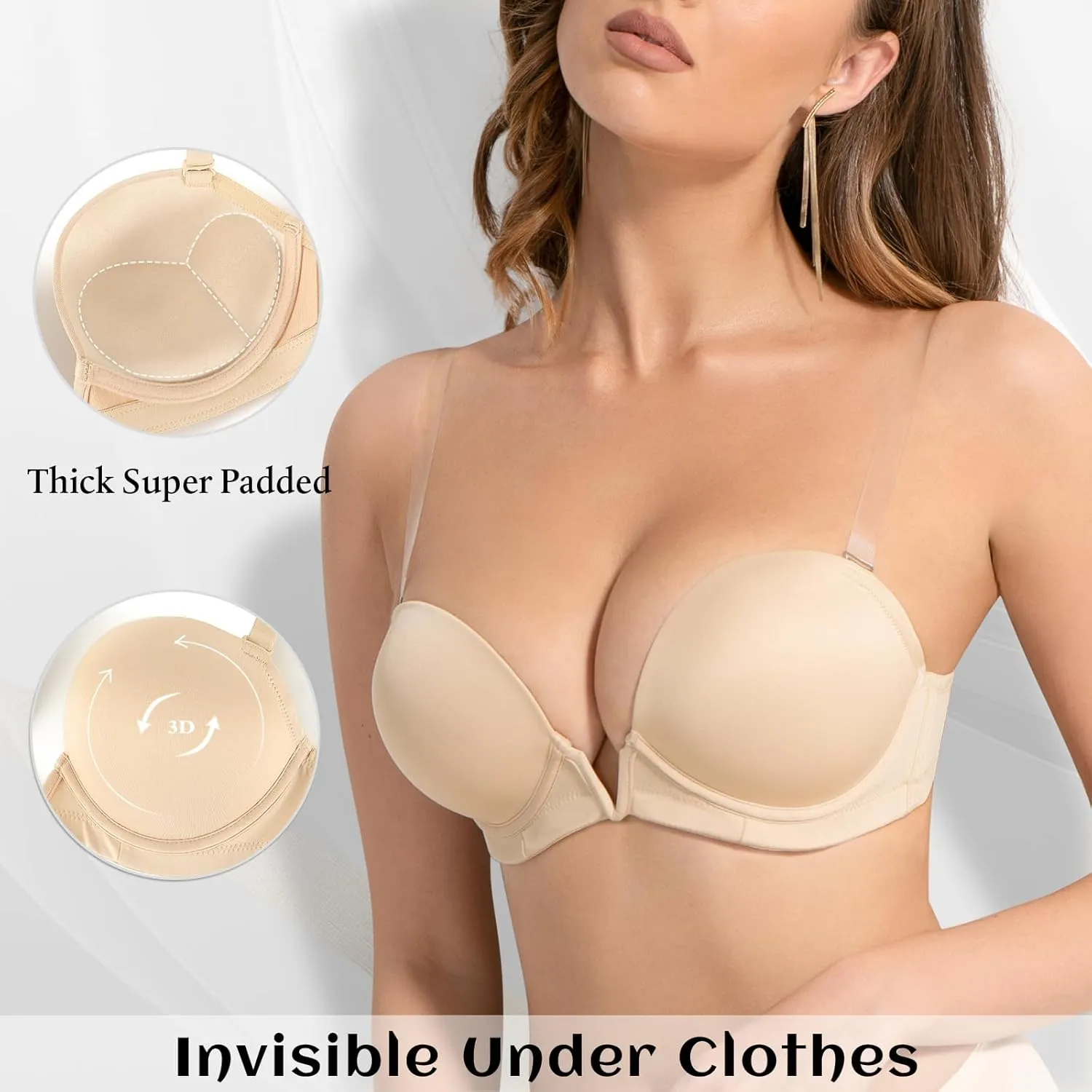 Women's Deep V Plunge Padded Push Up Bras with Clear Straps Backless Convertible Low Cut Underwire Bra