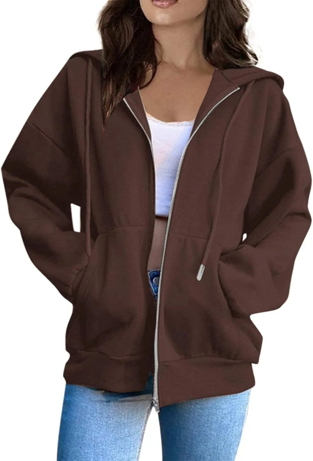 Womens Fashion Hoodies Zipper Oversized Loose Fit Long Sleeve Solid Jackets Soft Sweatshirts