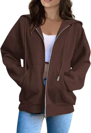 Womens Fashion Hoodies Zipper Oversized Loose Fit Long Sleeve Solid Jackets Soft Sweatshirts