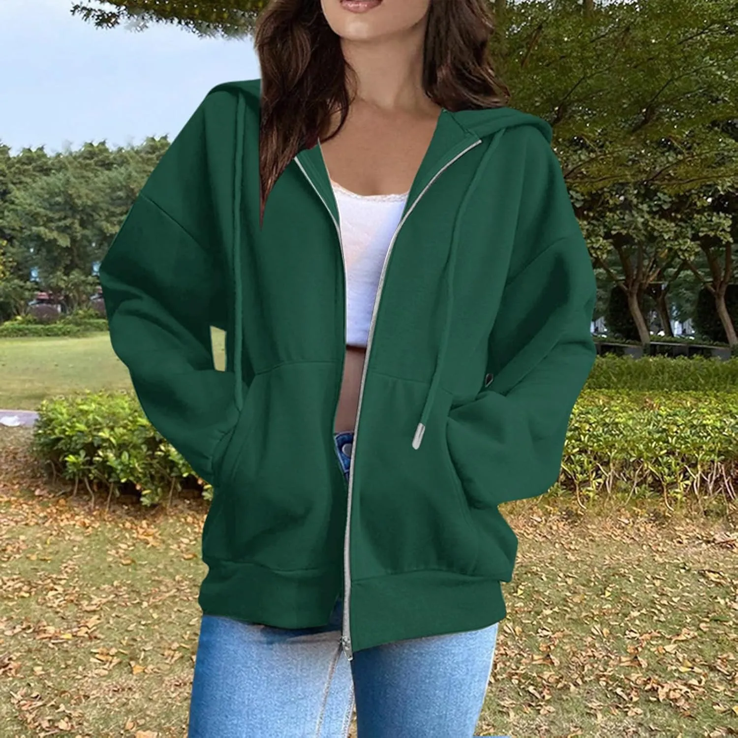 Womens Fashion Hoodies Zipper Oversized Loose Fit Long Sleeve Solid Jackets Soft Sweatshirts