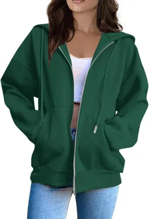 Womens Fashion Hoodies Zipper Oversized Loose Fit Long Sleeve Solid Jackets Soft Sweatshirts