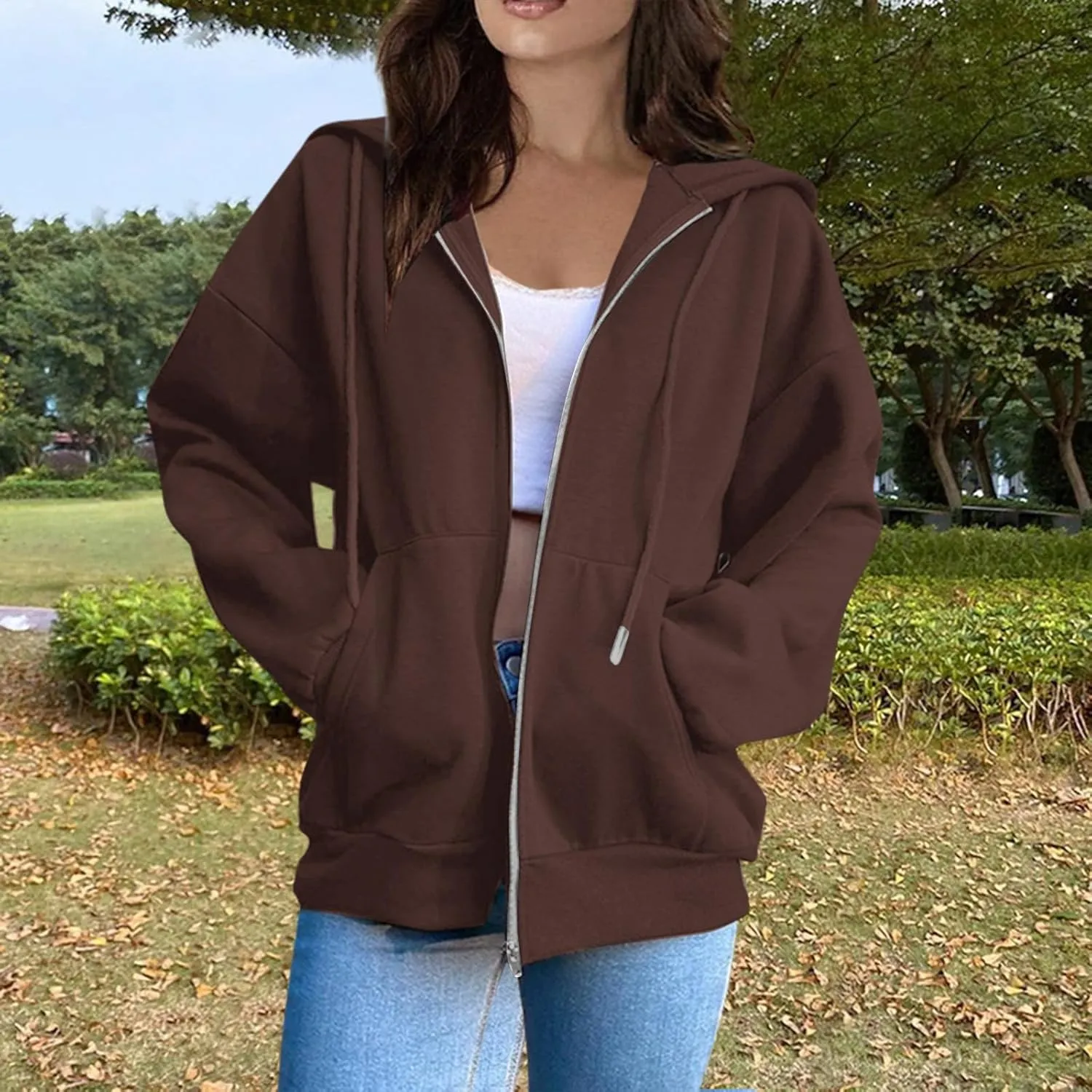 Womens Fashion Hoodies Zipper Oversized Loose Fit Long Sleeve Solid Jackets Soft Sweatshirts