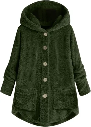 Women's Fashion Winter Coat Long Sleeve Hooded Button Faux Shearling Shaggy Oversized Shacket Jacket
