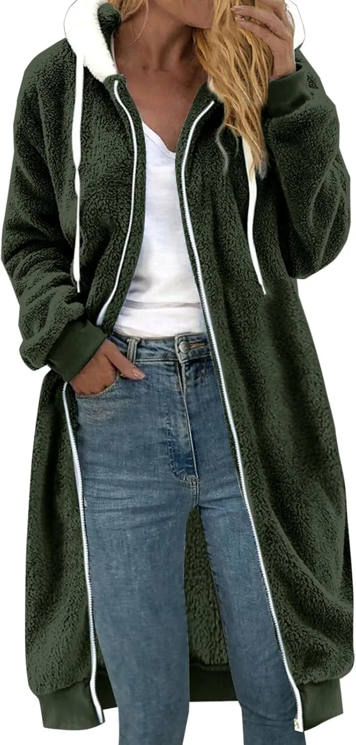 Women's Faux Fur Jacket Winter Warm Casual Full Zip Mid-Length Sherpa Lined Fleece Hoodies Jackets Coat Outerwear