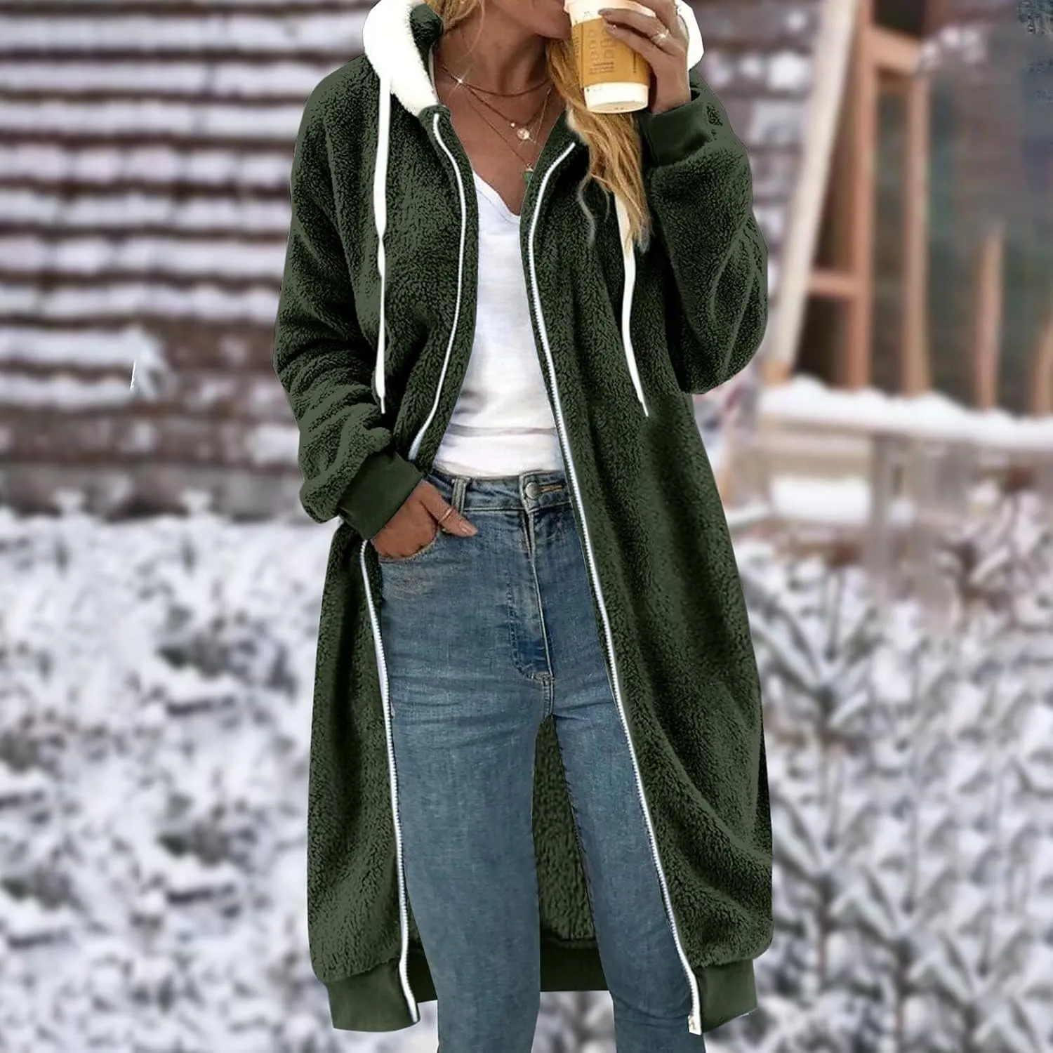 Women's Faux Fur Jacket Winter Warm Casual Full Zip Mid-Length Sherpa Lined Fleece Hoodies Jackets Coat Outerwear