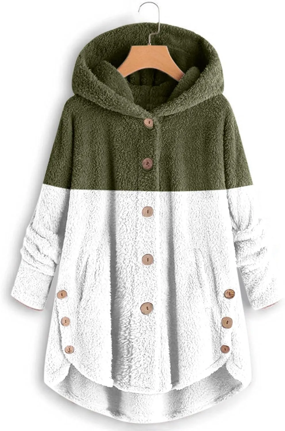 Womens Fuzzy Fleece Jacket Button Hem Plus Size Hoodie Top Sweater Blouse Outerwear with Pockets Snow Jackets for