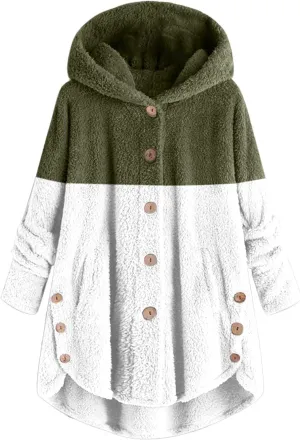 Womens Fuzzy Fleece Jacket Button Hem Plus Size Hoodie Top Sweater Blouse Outerwear with Pockets Snow Jackets for