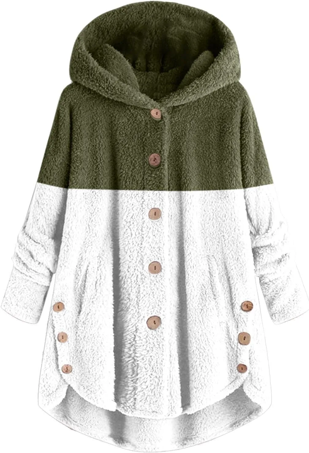 Womens Fuzzy Fleece Jacket Button Hem Plus Size Hoodie Top Sweater Blouse Outerwear with Pockets Snow Jackets for