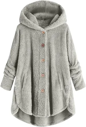 Womens Fuzzy Fleece Sherpa Hoodies Fashion Button Down Teddy Coat Oversized Sweatshirt with Pockets Jackets Cardigan