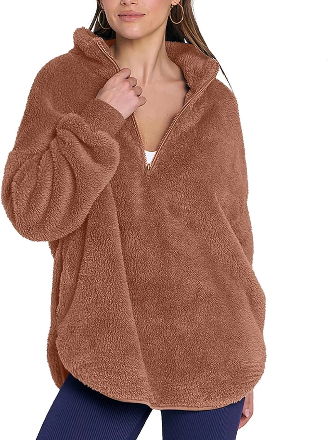 Womens Half Zip Sherpa Pullover Fuzzy Fleece Oversized Sweatshirts Long Sleeve Winter Warm Outerwear With Pockets