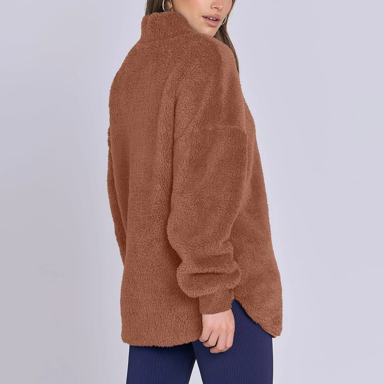 Womens Half Zip Sherpa Pullover Fuzzy Fleece Oversized Sweatshirts Long Sleeve Winter Warm Outerwear With Pockets