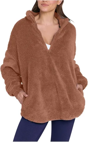 Womens Half Zip Sherpa Pullover Fuzzy Fleece Oversized Sweatshirts Long Sleeve Winter Warm Outerwear With Pockets