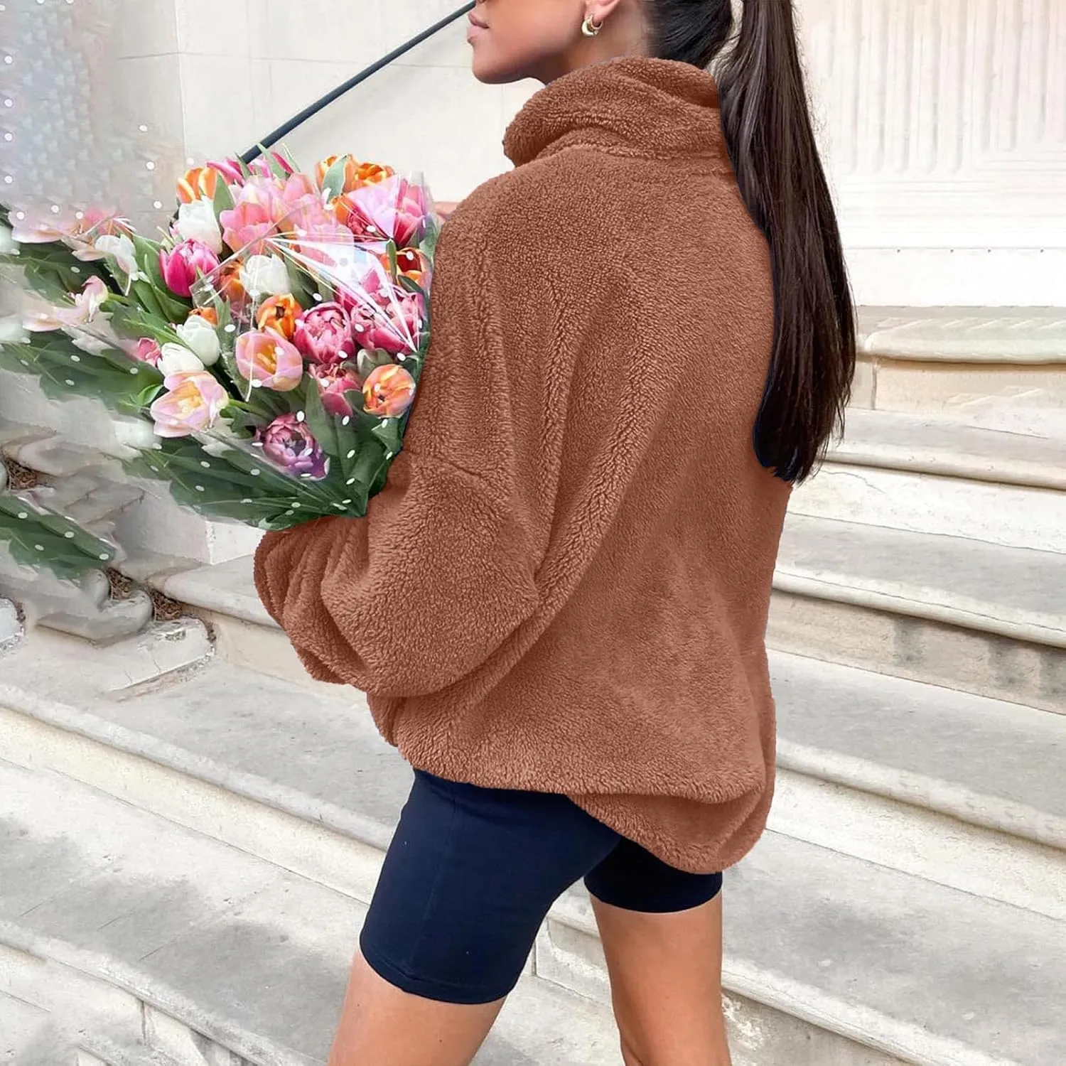 Womens Half Zip Sherpa Pullover Fuzzy Fleece Oversized Sweatshirts Long Sleeve Winter Warm Outerwear With Pockets