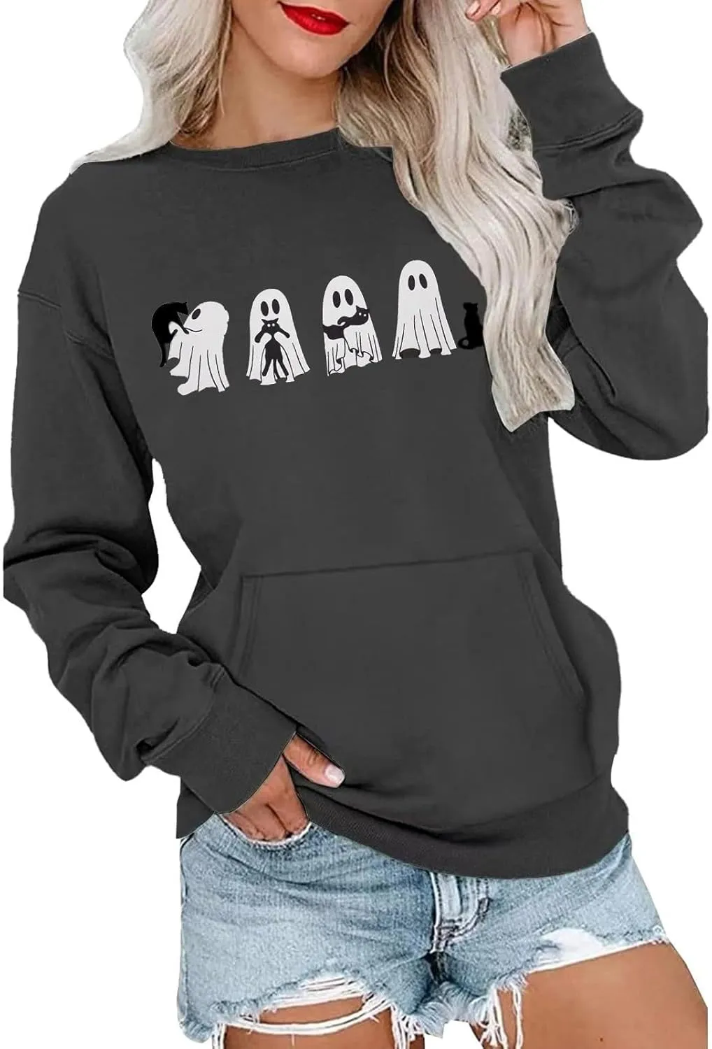 Womens Halooween Sweatshirt Regular Fit Cute Graphic Long Sleeve Crewneck Pullover Tunics Casual Fall Lightweight Top