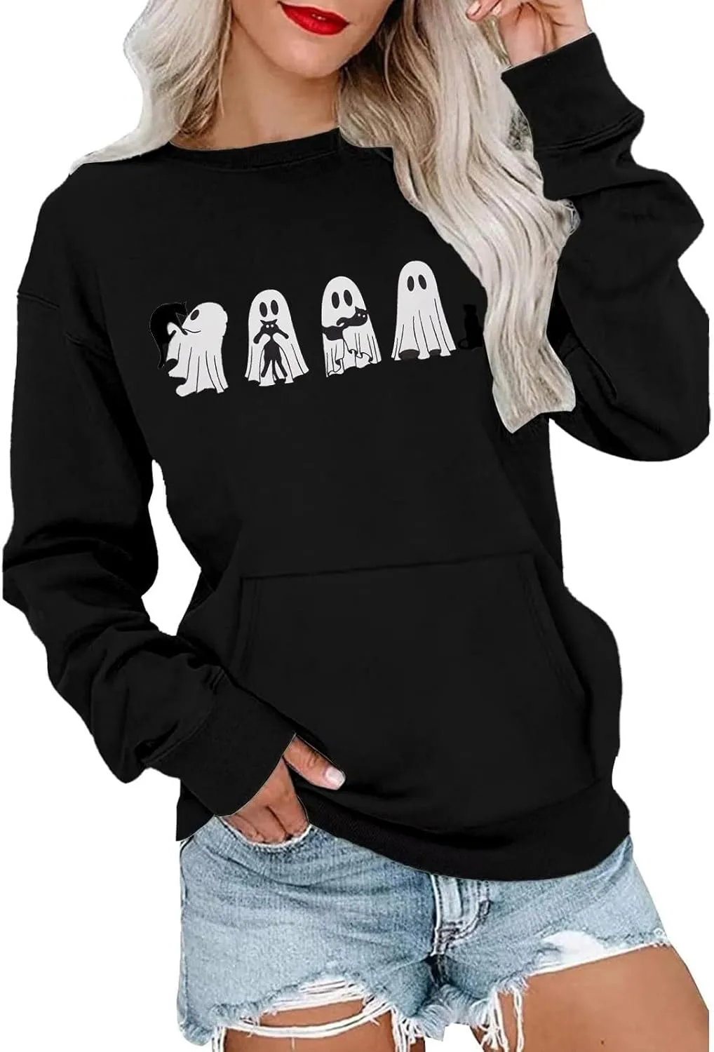 Womens Halooween Sweatshirt Regular Fit Cute Graphic Long Sleeve Crewneck Pullover Tunics Casual Fall Lightweight Top