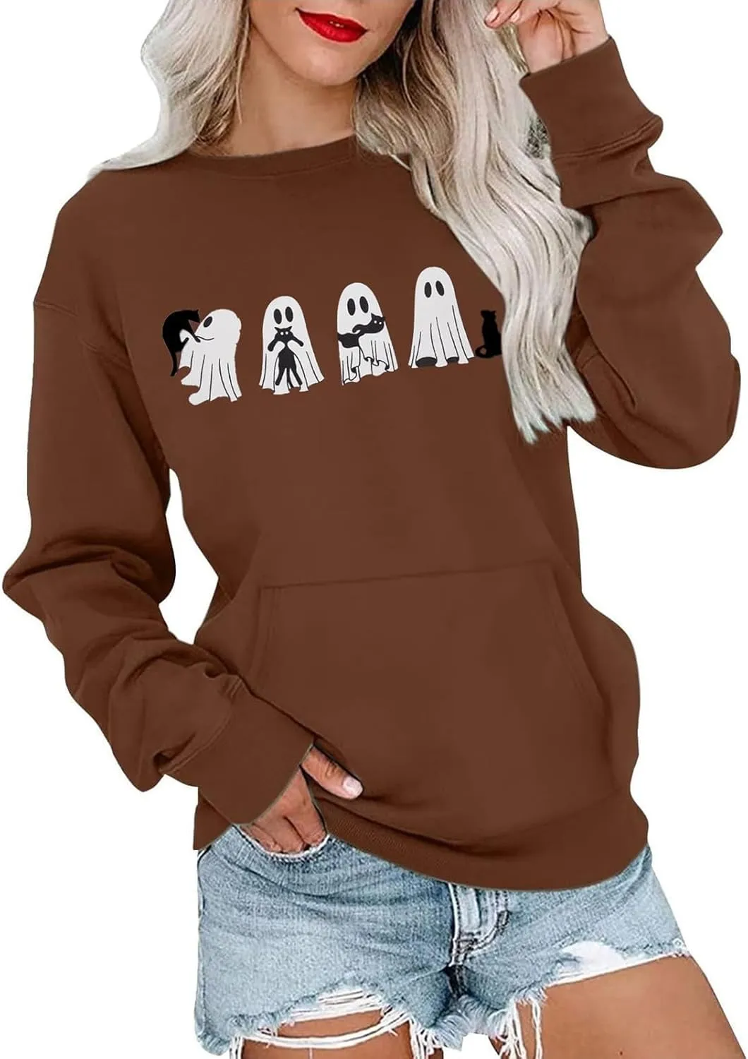 Womens Halooween Sweatshirt Regular Fit Cute Graphic Long Sleeve Crewneck Pullover Tunics Casual Fall Lightweight Top
