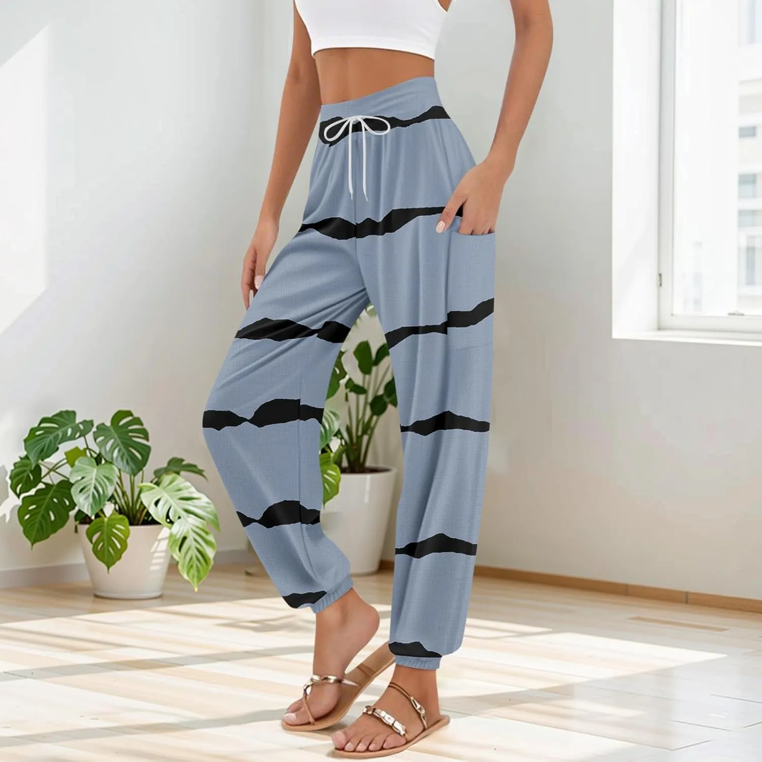 Women's Harem Pants, Hippie Palazzo Pants Boho Joggers High Waist Drawstring Trousers Flowy Clothes Pant with Pockets E0