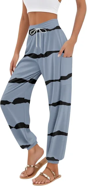 Women's Harem Pants, Hippie Palazzo Pants Boho Joggers High Waist Drawstring Trousers Flowy Clothes Pant with Pockets E0