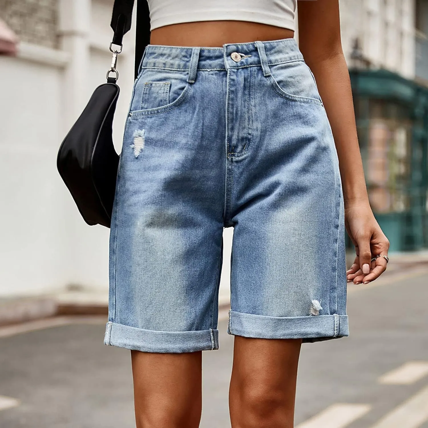 Womens Jean Shorts High Waisted Stretchy Trendy Casual Wide Leg Denim Shorts Loose Trendy Y2k Baggy Bermuda Shorts