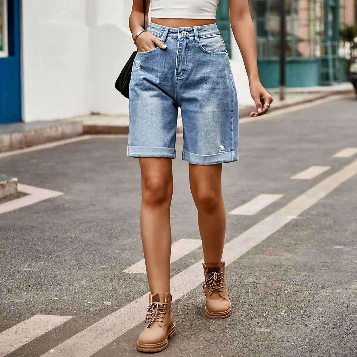 Womens Jean Shorts High Waisted Stretchy Trendy Casual Wide Leg Denim Shorts Loose Trendy Y2k Baggy Bermuda Shorts
