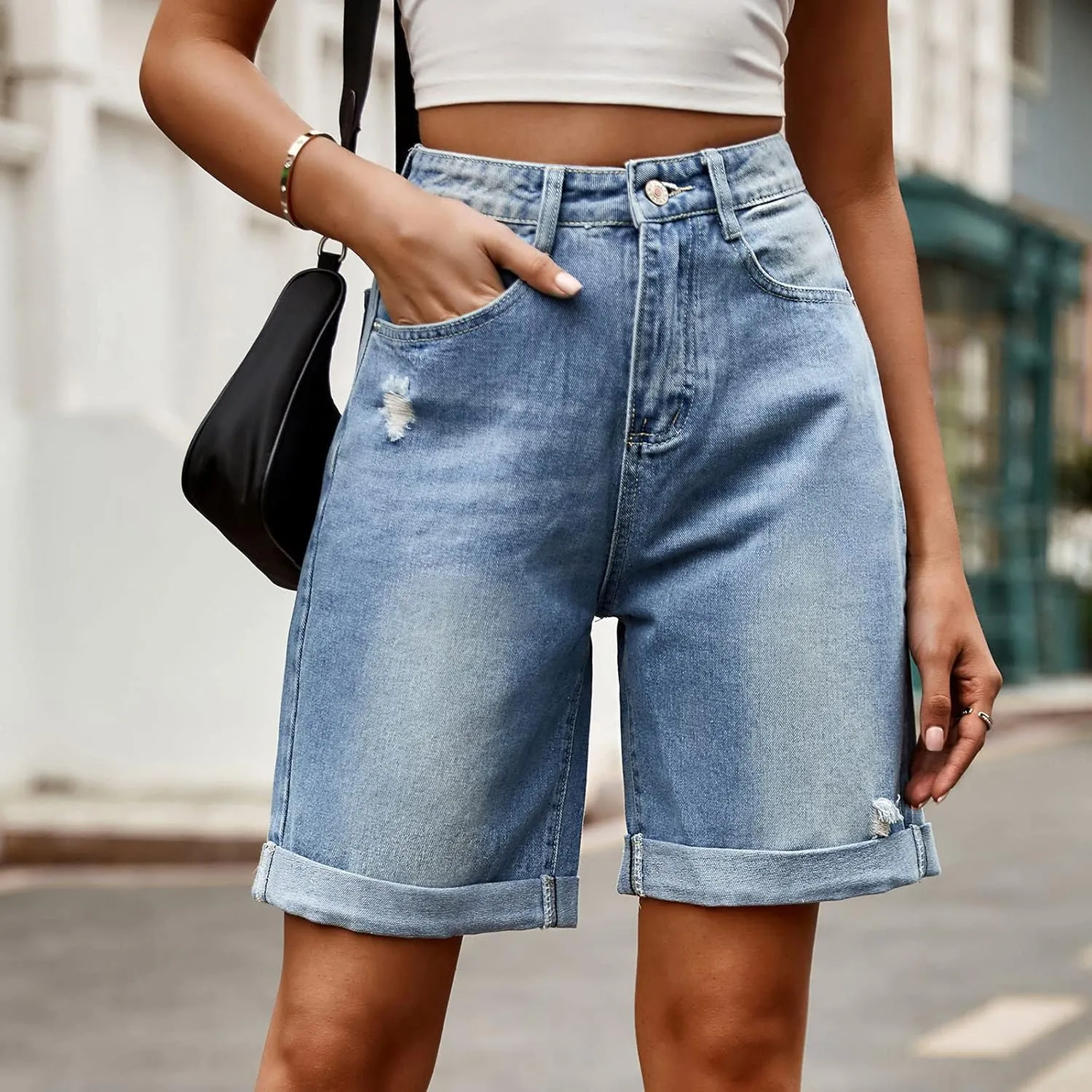 Womens Jean Shorts High Waisted Stretchy Trendy Casual Wide Leg Denim Shorts Loose Trendy Y2k Baggy Bermuda Shorts