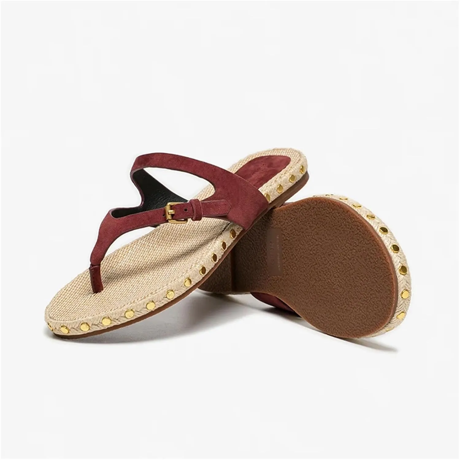 Women's Kid Suede T-Strap Flip Flops - Buckle Rivet Woven Summer Casual Flats