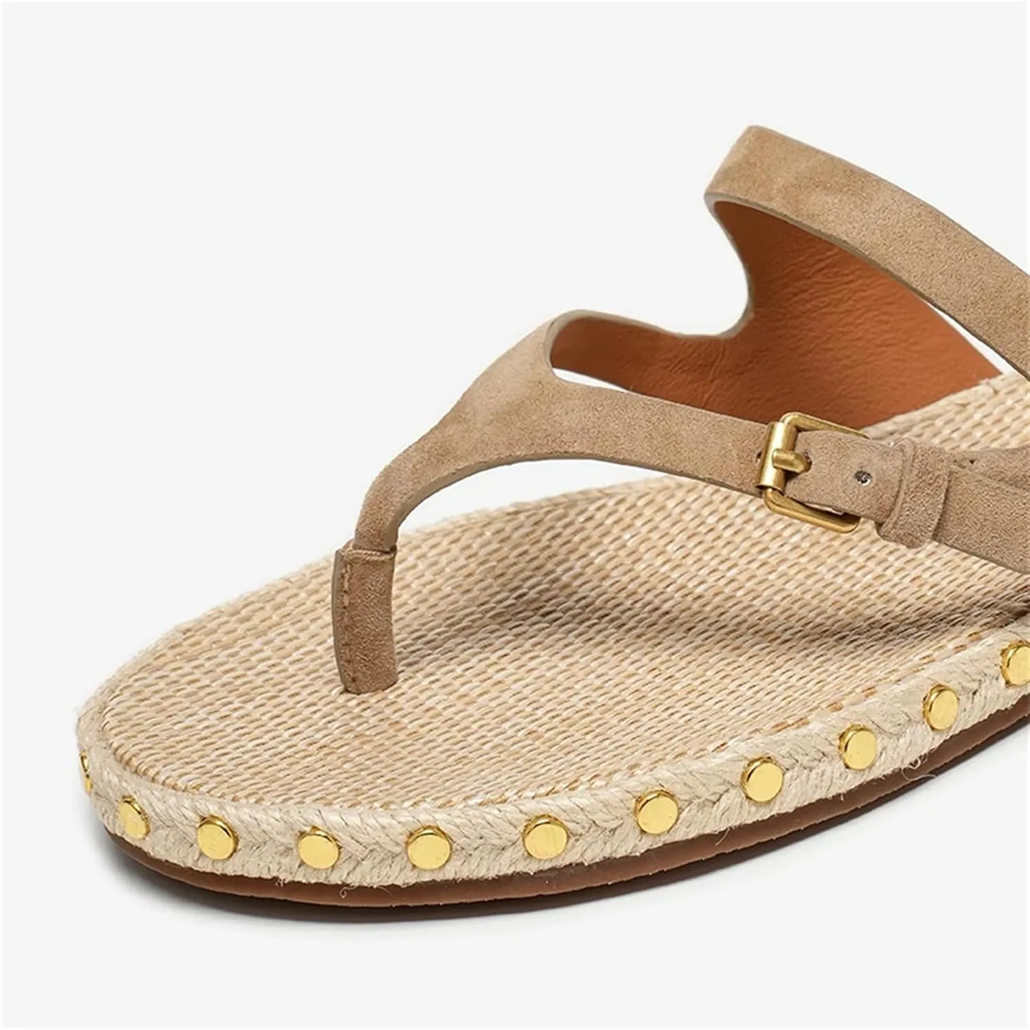 Women's Kid Suede T-Strap Flip Flops - Buckle Rivet Woven Summer Casual Flats