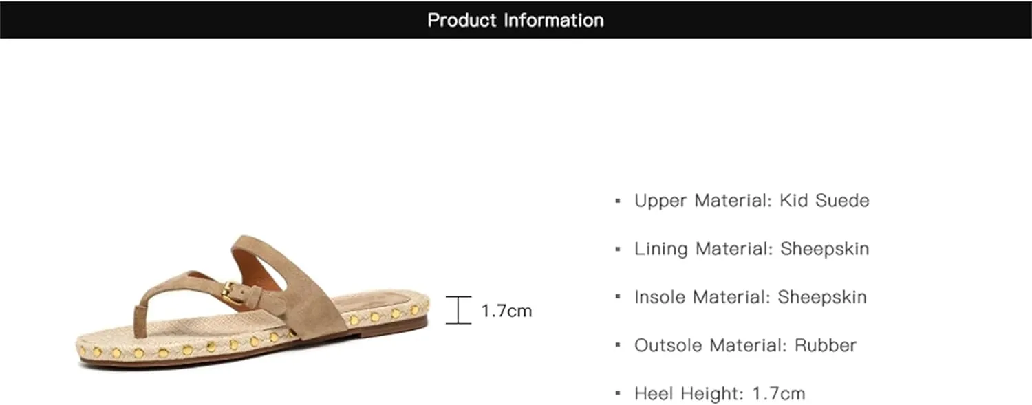 Women's Kid Suede T-Strap Flip Flops - Buckle Rivet Woven Summer Casual Flats