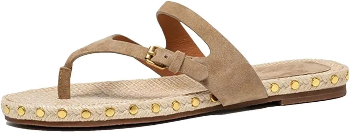 Women's Kid Suede T-Strap Flip Flops - Buckle Rivet Woven Summer Casual Flats