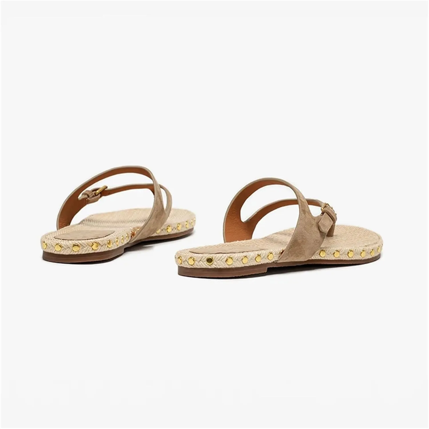 Women's Kid Suede T-Strap Flip Flops - Buckle Rivet Woven Summer Casual Flats