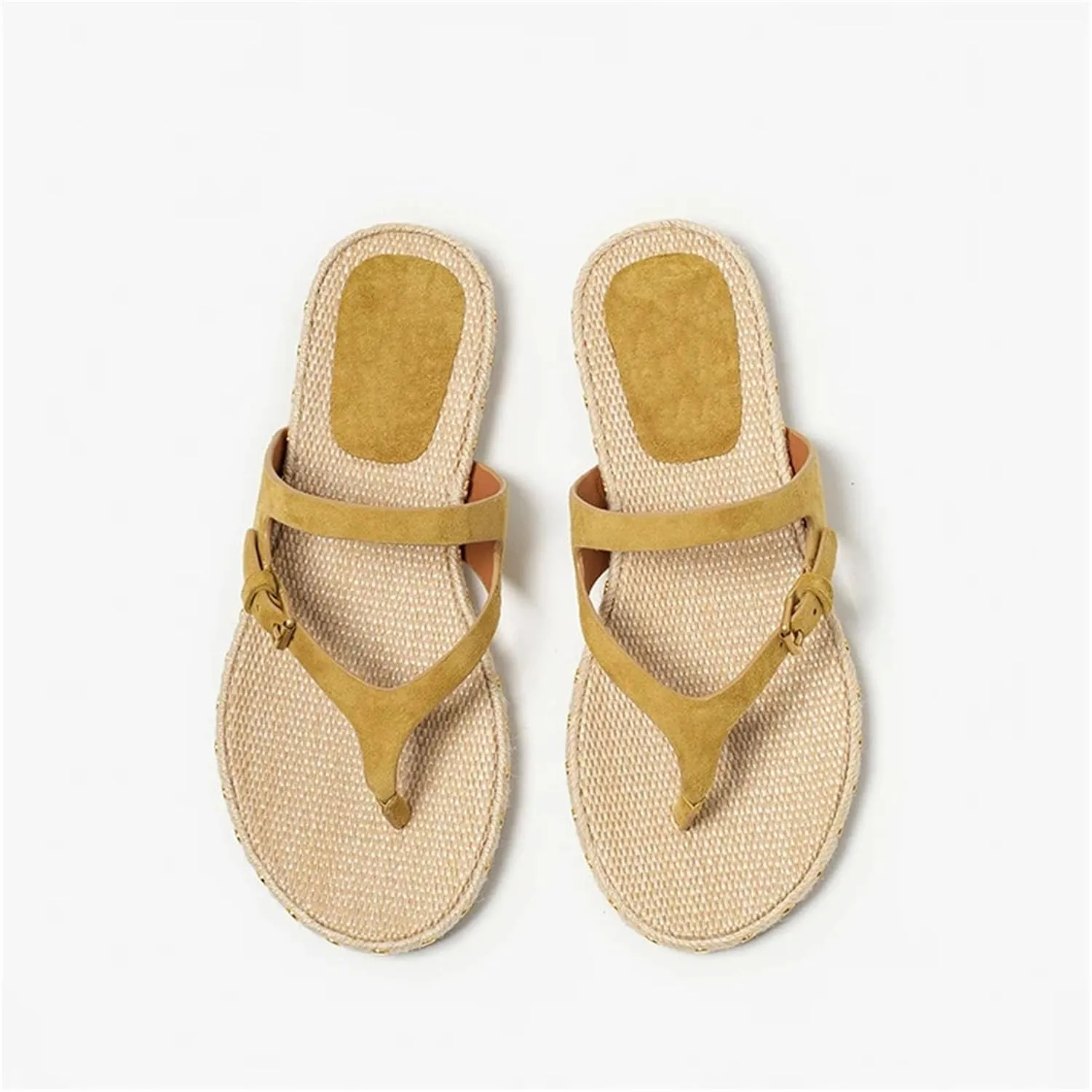 Women's Kid Suede T-Strap Flip Flops - Buckle Rivet Woven Summer Casual Flats